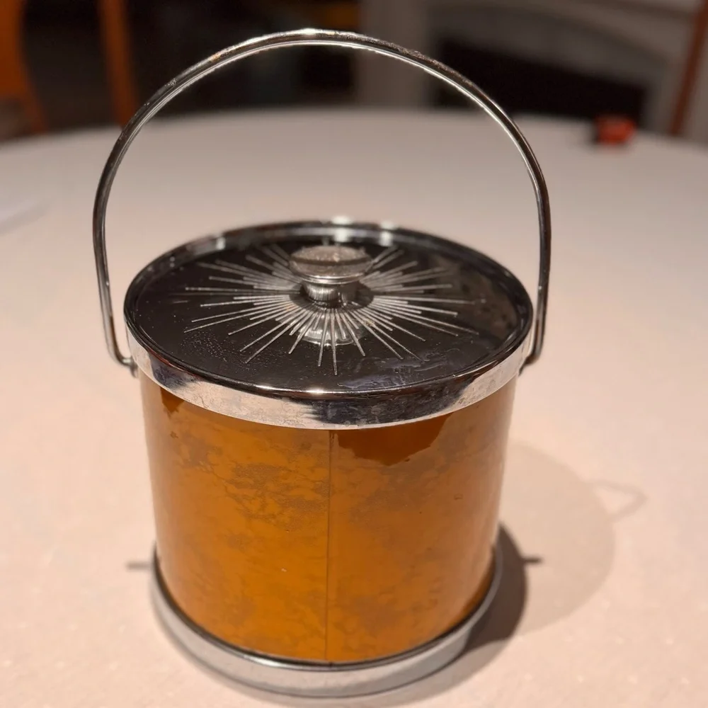 Mid century modern ice bucket Brown & Silver Ice Bucket with lid VINTAGE
